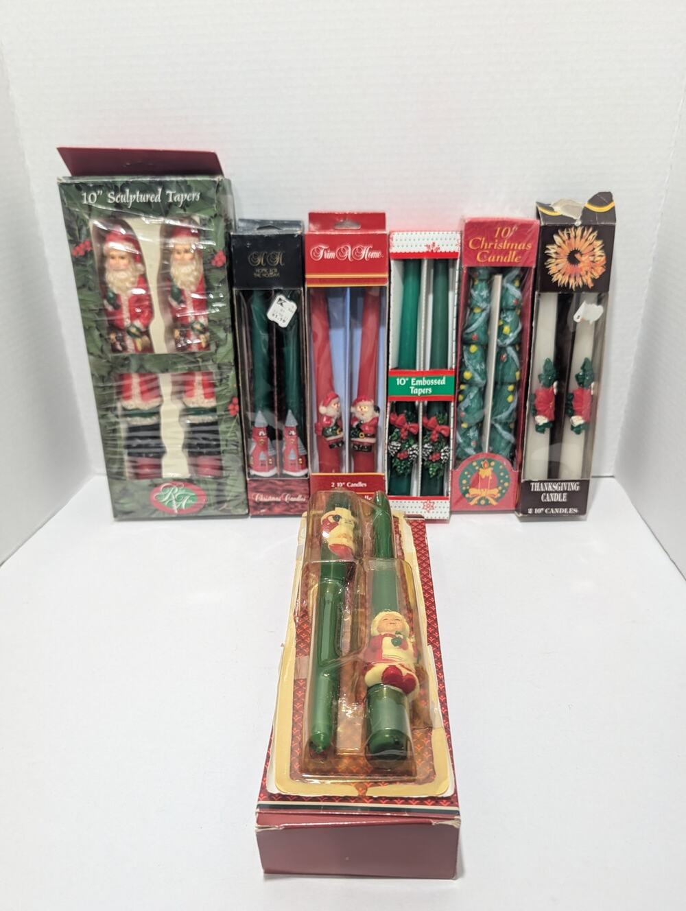 Vtg Christmas Novelty 10" Taper Candle Mixed Lot of 7 Santa & Holiday Boxed Sets